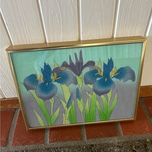Framed vintage Floral Artwork with Blue Irises